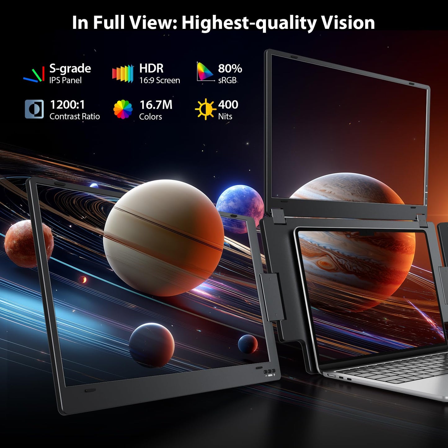 Triple Screen Laptop Monitor Extender, Quad Monitor 15.6” FHD 1080P Portable Triple Monitors, 1 USB-C Connection for 4 Screens, Integrated Aluminum Alloy, Auto Rotation Top Display for 12–17.3” Laptop