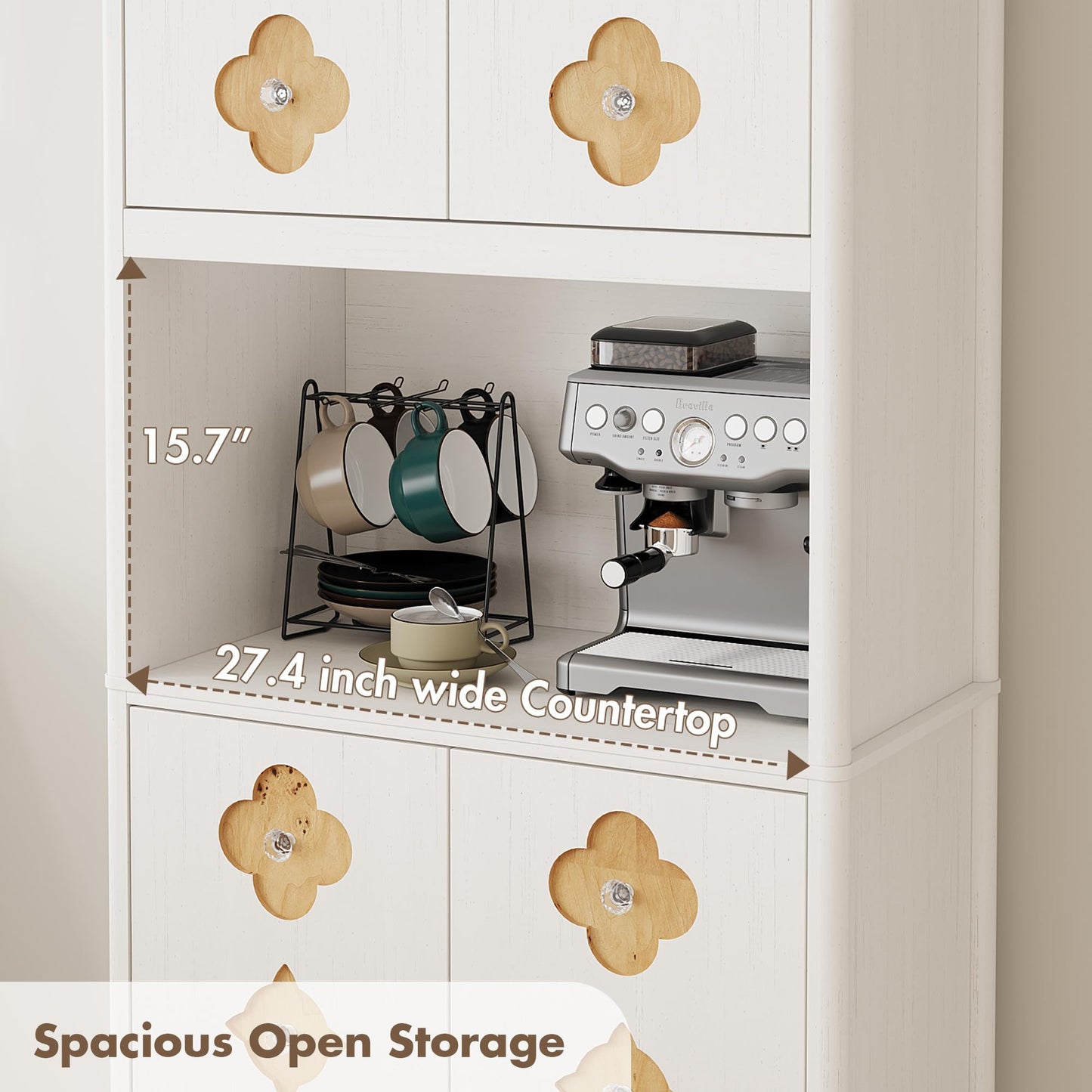 GarveeHome 72" Tall Kitchen Pantry Storage Cabinet, 4 Door with Carved Design and Shelf for Microwave, Freestanding Wooden Cupboard with Crystal Handle, for Dining Living Room, Antique White