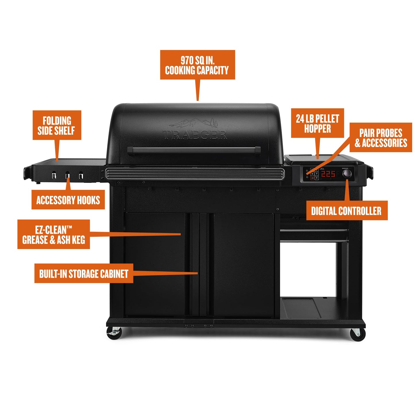 Traeger Grills Woodridge Pro Plus Electric Wood Pellet Grill and Smoker, 970 Sq. In., Folding Side Shelf, WiFIRE Technology, Super Smoke Mode, Outdoor Pellet Smoker Grill with Cabinet, Black, TFC97JLK