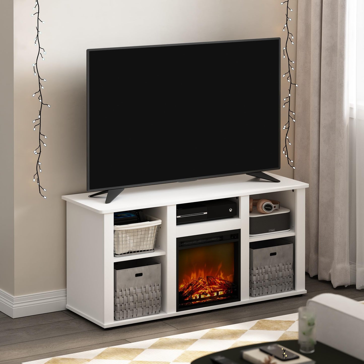 Furinno Jensen Fireplace TV Stand for TV up to 55 Inch, White Entertainment Center, TV Console with Fireplace and Open Storage, for Living Room, Bedroom, Plain White
