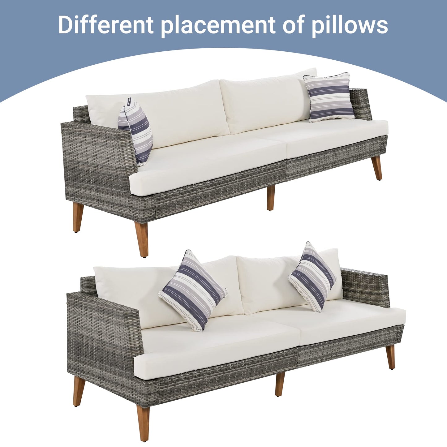 Merax 6-Piece Wicker Patio Sofa Set, Outdoor Rattan Conversation Set with Double Cushions, Solid Wood Legs and Wood Table Top
