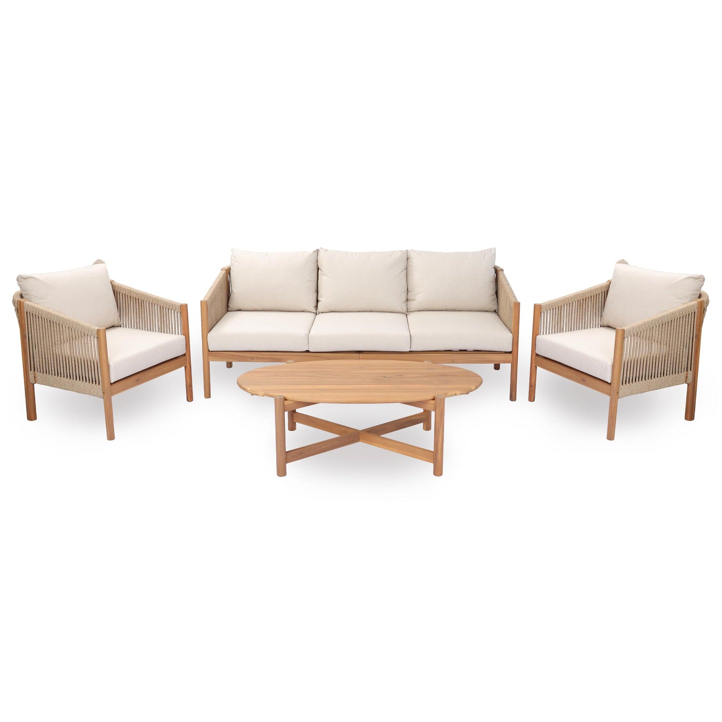 Christopher Knight Home Bubi 5-Seater Patio Furniture Set with Cushion, 4 Piece Outdoor Acacia Wood Conversation Set, Solid Wood Outdoor Sectional Sofa Set with Coffee Table, Teak+Beige