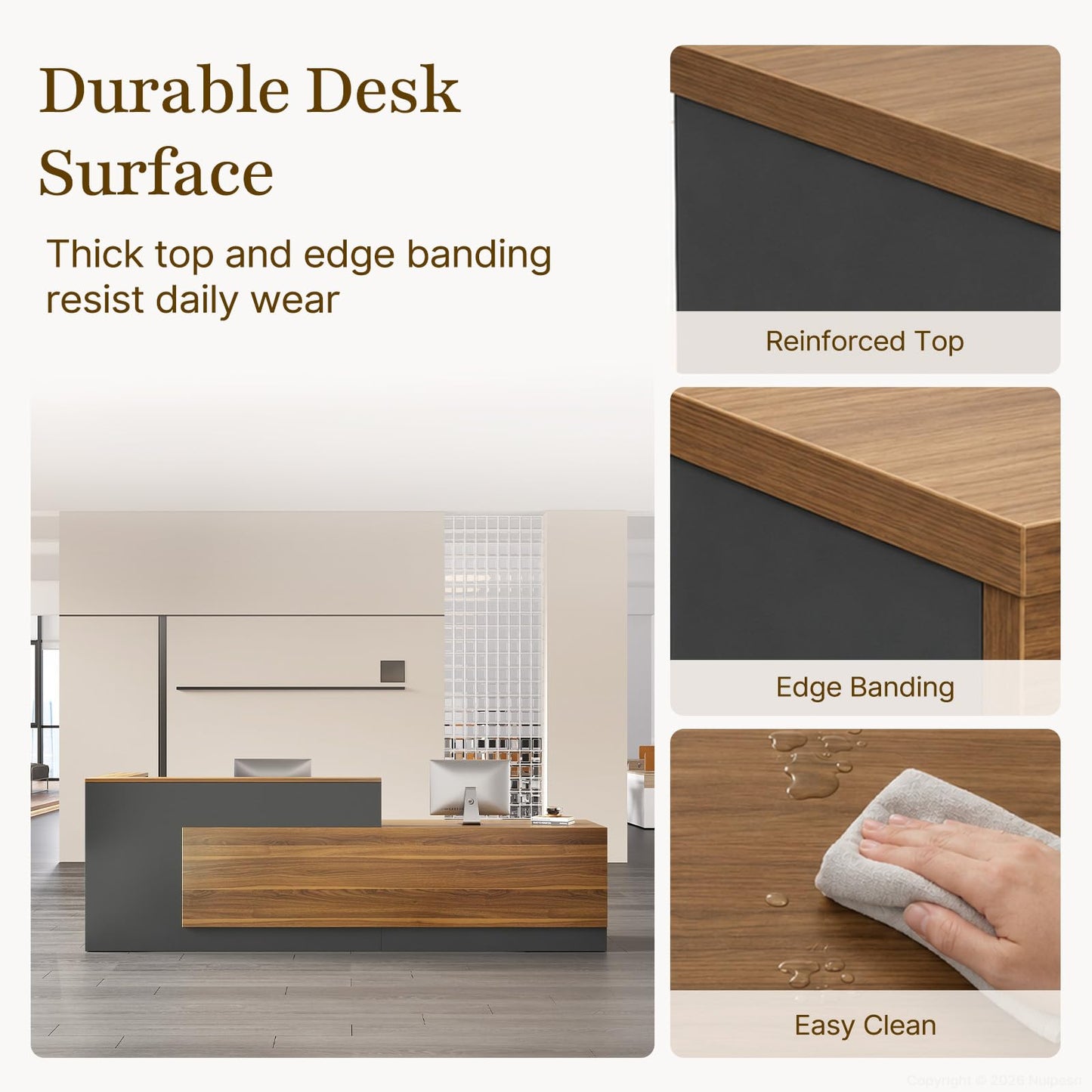 Nuipesn 94" Modern L-Shaped Reception Desk, Front Desk Counter with Drawer, Keyboard Tray and Storage Shelves, Right Layout, Dark Walnut