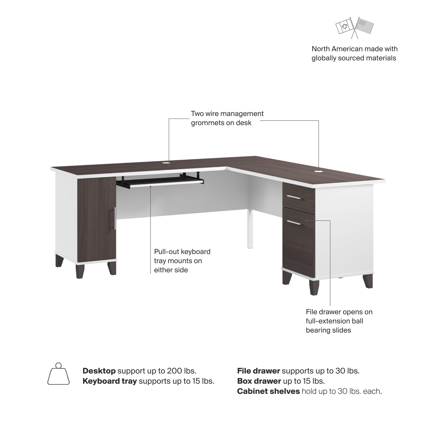 Bush Home 72-Inch L-Shaped Desk with Storage, Corner Computer Office Desk with File and Box Drawers, Home Office Workstation with Storage Cabinet, Somerset Collection, Storm Gray and White
