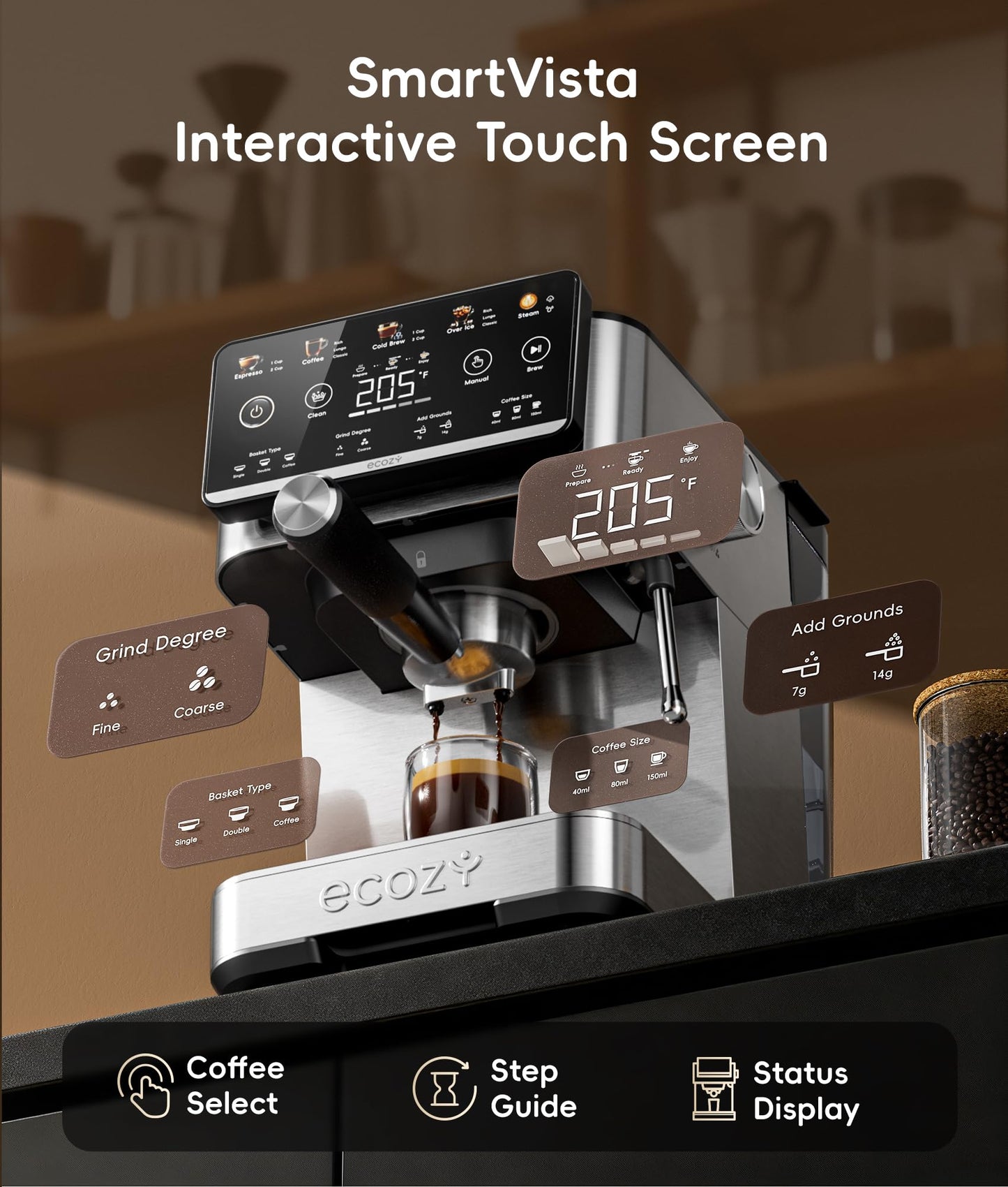 ecozy 4-in-1 Espresso Machine and Coffee Maker Combo with Milk Frother, Cold Brew & Over Ice, Interactive Touch Screen, Stainless Steel, Brezzano Elite Series for Cappuccinos, Lattes, Americanos