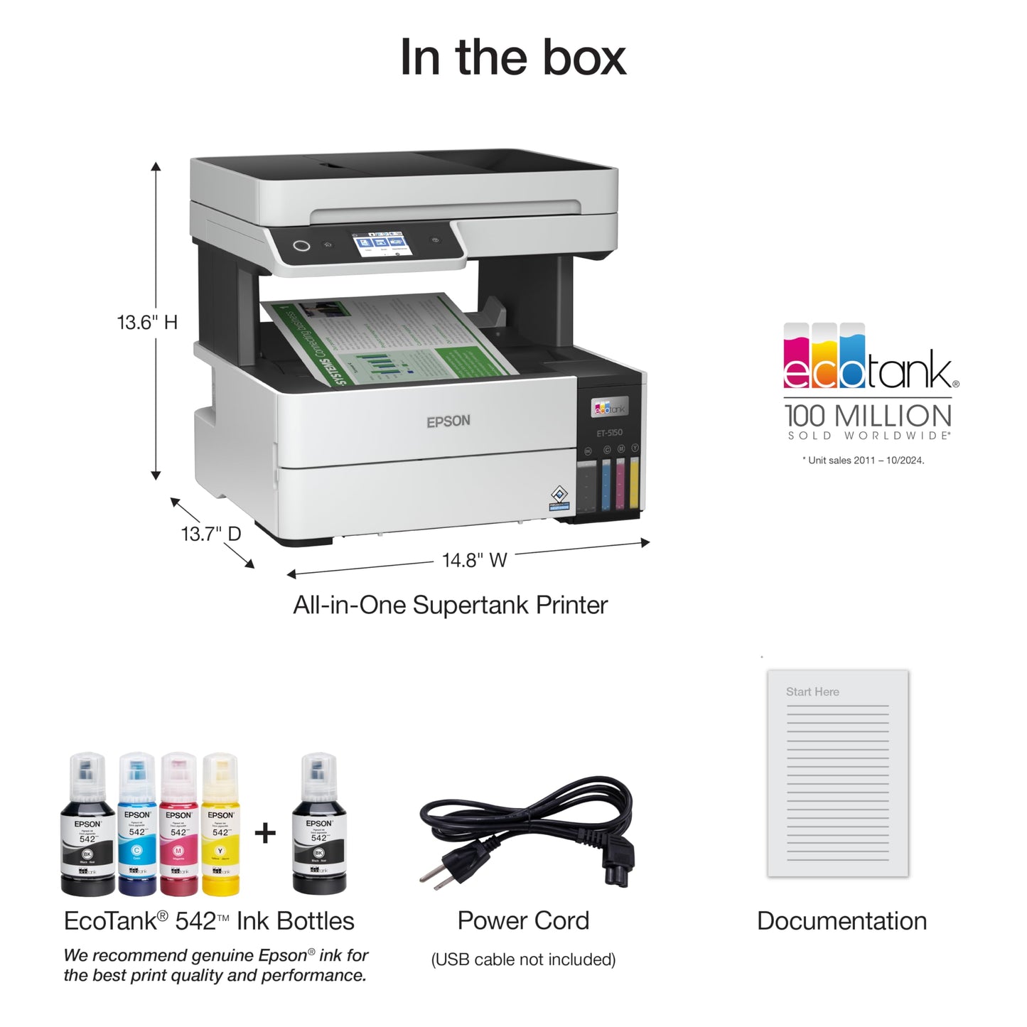 Epson EcoTank Pro ET-5150 Wireless Color All-in-One Supertank Printer with Scanner, Copier, Plus Auto Document Feeder, Large, White