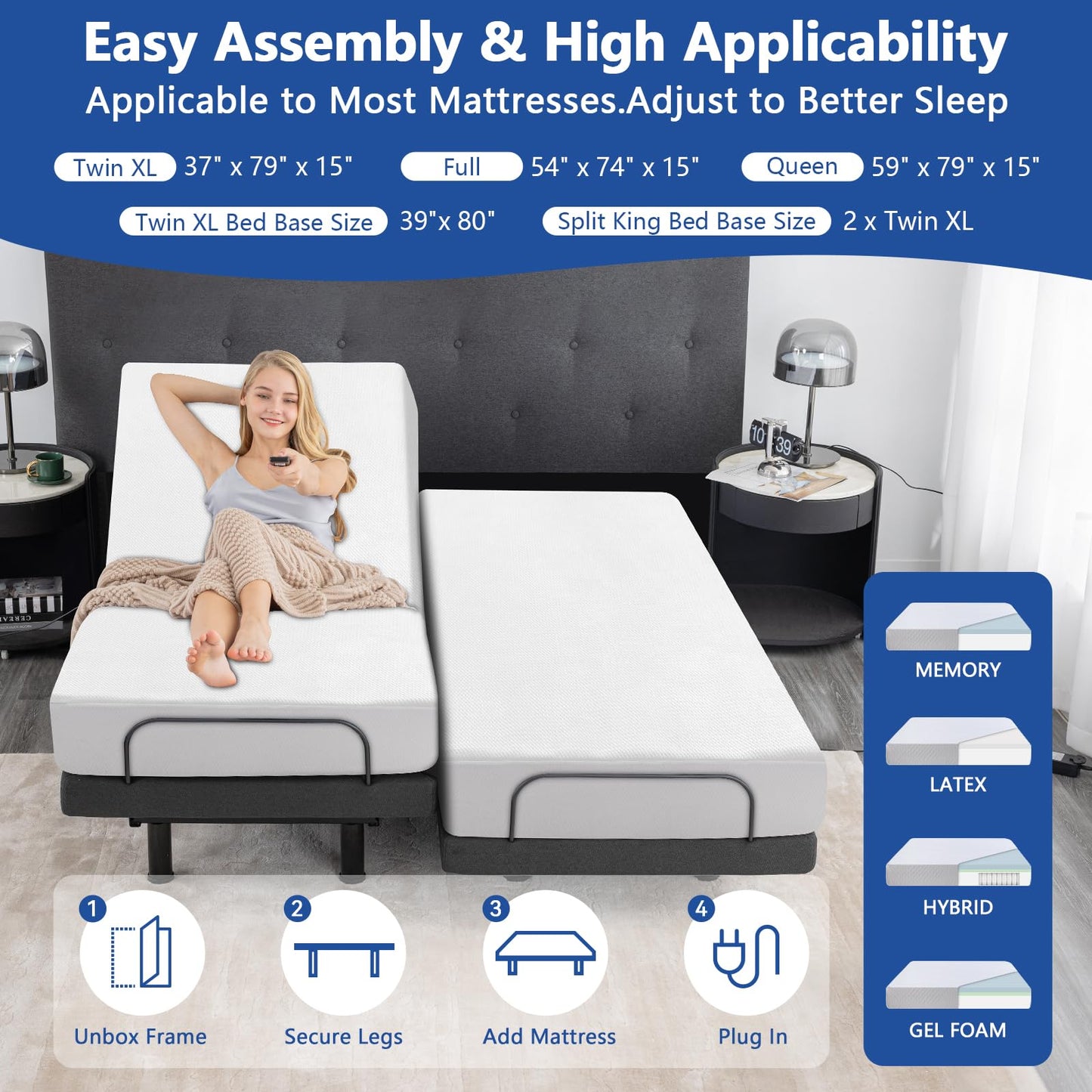 Queen Size Adjustable Bed Frame,10 Inch Gel Memory Foam Mattress, Adjustable Bed Base with Adjustable leg height,Separate Head/Foot Lift,Easy Assembly,Smart Electric Beds, Anti-Snore/Zero Gravity