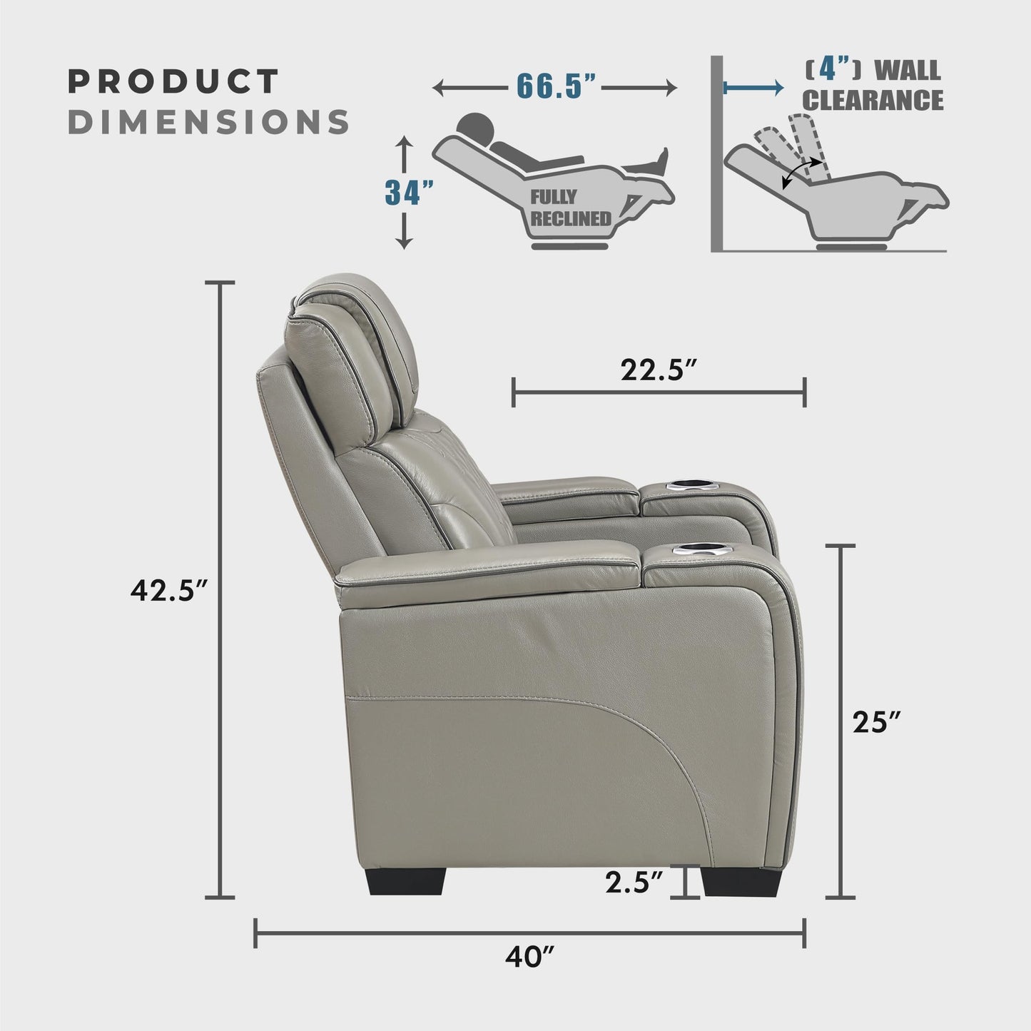 Lexicon Leather Power Recliner Chair with Heat/Massage/Headrest/Storage Arms/Cup Holders/LED Lights and Charging Ports, Top Grain Leather Match Wall Hugger Power Recliner Chairs for Adults, Grey