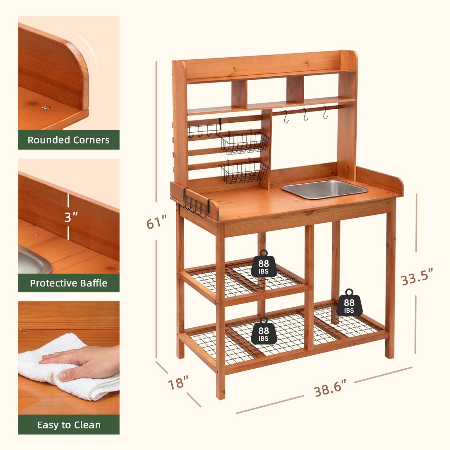 OOOK Potting Bench, Nordic Scots Pine Potting Table, Removable Sink, Workstation for Outside Patio Lawn, Wooden Garden Work Station