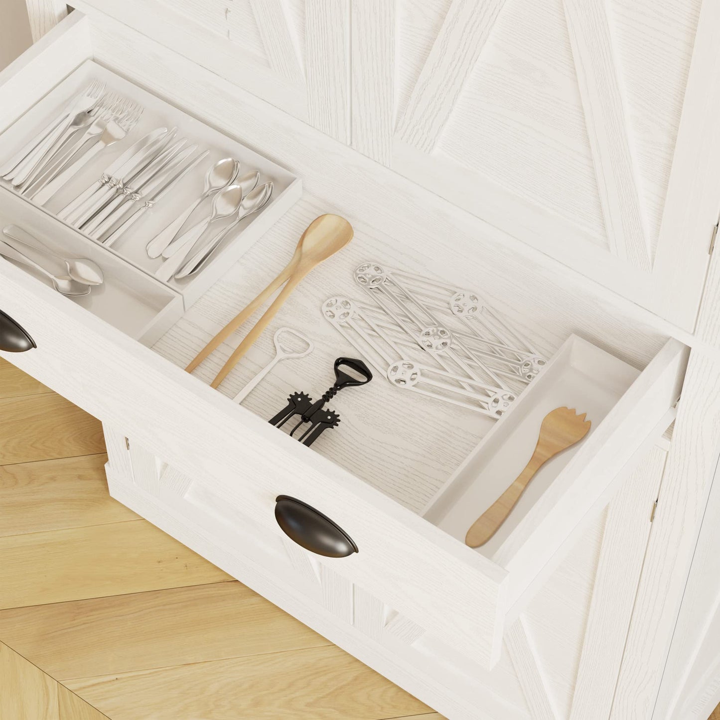 IRONCK Kitchen Pantry Storage Cabinet 72.6" H x 24" W, with Barn Doors, Drawer, 4 Adjustable Shelves, Freestanding Cupboard, Laundry, White