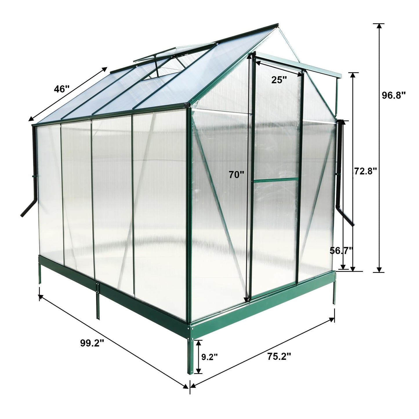 KEIKI 6.3x8.2FT Polycarbonate Greenhouse Walk-in Heavy Duty Outdoor with Aluminum Frame, Clear Panels, Rain Gutter, Vent, Sliding Door for Backyard Plant Nursery, UV Safe All Season, Green