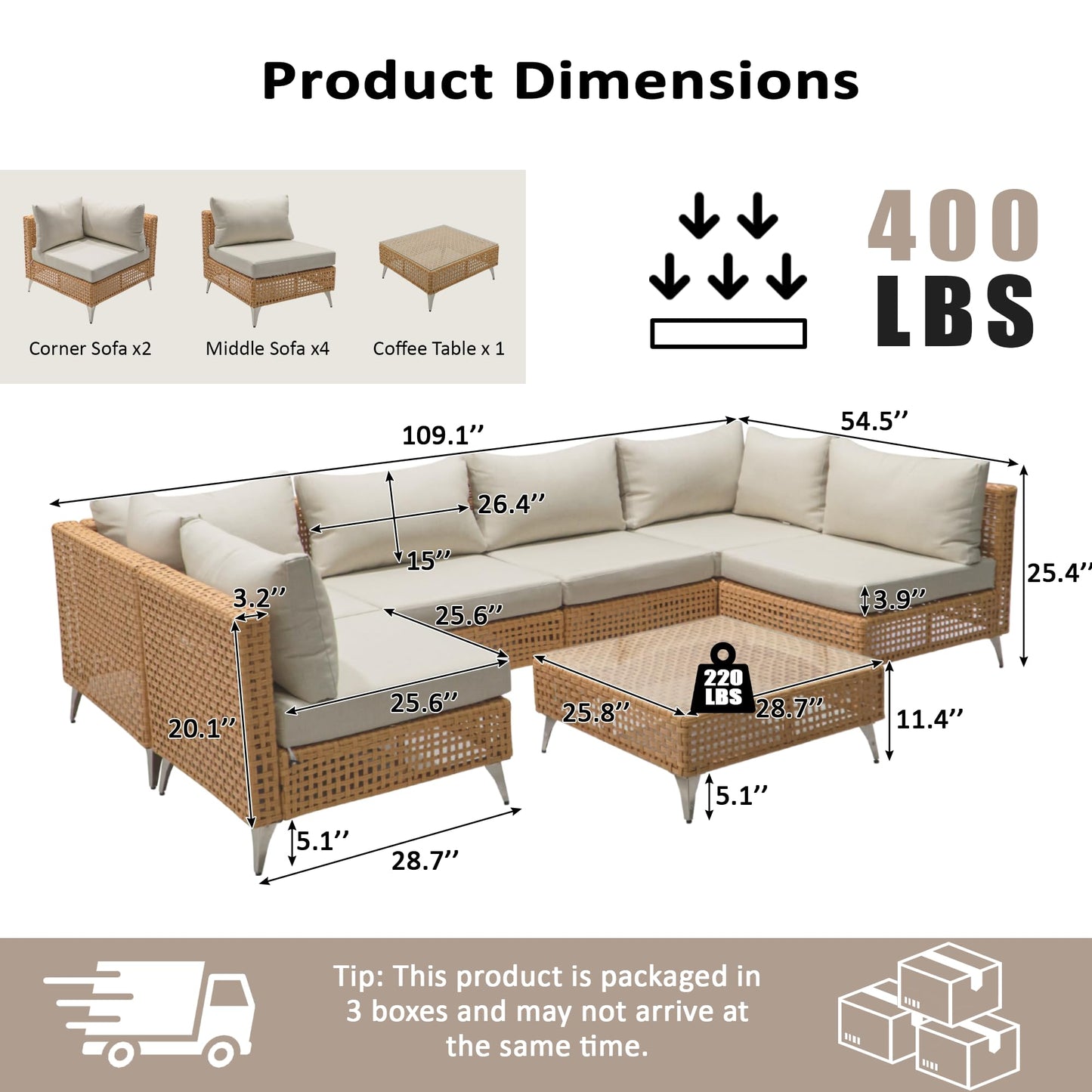 YOPTO 7-Piece Outdoor Conversation Sectional Sofa Set with Water Resistant Thick Cushions & Coffee Table,Wicker Patio Furniture Set W/Removable Cushions Cover,DIY Combination,for Porch,Backyard,Beige