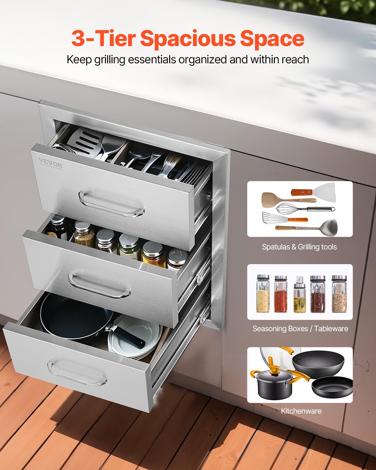 VEVOR Outdoor Kitchen Drawer 16" W x 21.5" H x 18" D, Outdoor Kitchen Cabinets, BBQ Drawer Stainless Steel, Flush Mount Triple Access, with Handle, BBQ Island, Outdoor Grill Patio Grill Station