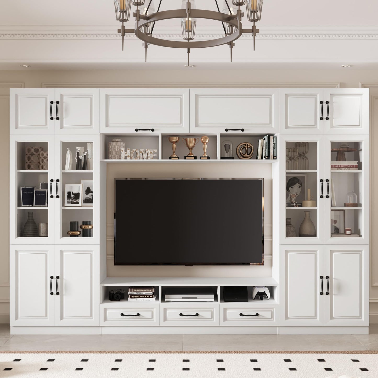 Mekminop 126" Entertainment Center Wall Unit with Glass Doors & Drawers, Large Wall Unit TV Stand for TVs up to 70", Media Console Table for Living Room, Can be Split into 4 Separate Cabinet, White