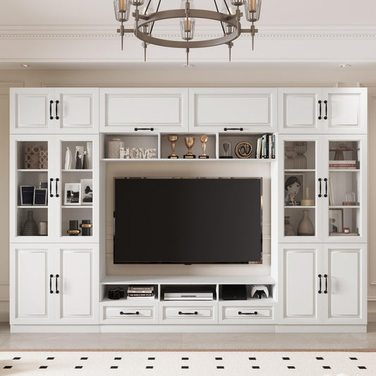 Mekminop 126" Entertainment Center Wall Unit with Glass Doors & Drawers, Large Wall Unit TV Stand for TVs up to 70", Media Console Table for Living Room, Can be Split into 4 Separate Cabinet, White