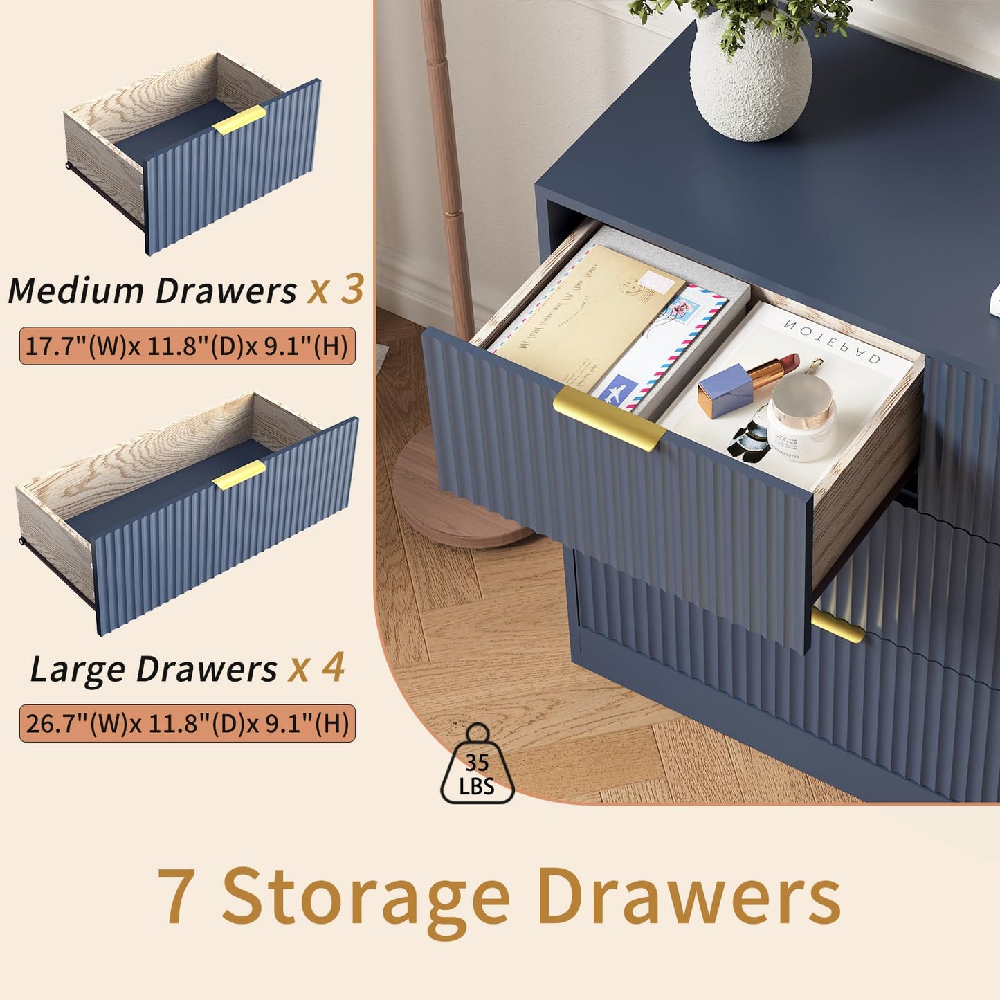Sscaktu 7 Drawers Dresser for Bedroom,55" Wide Fluted Dresser with Deep Drawers, Modern Chest of Drawers, Wood TV Stand Storage Organizer for Closet, Living Room, Hallway, Blue
