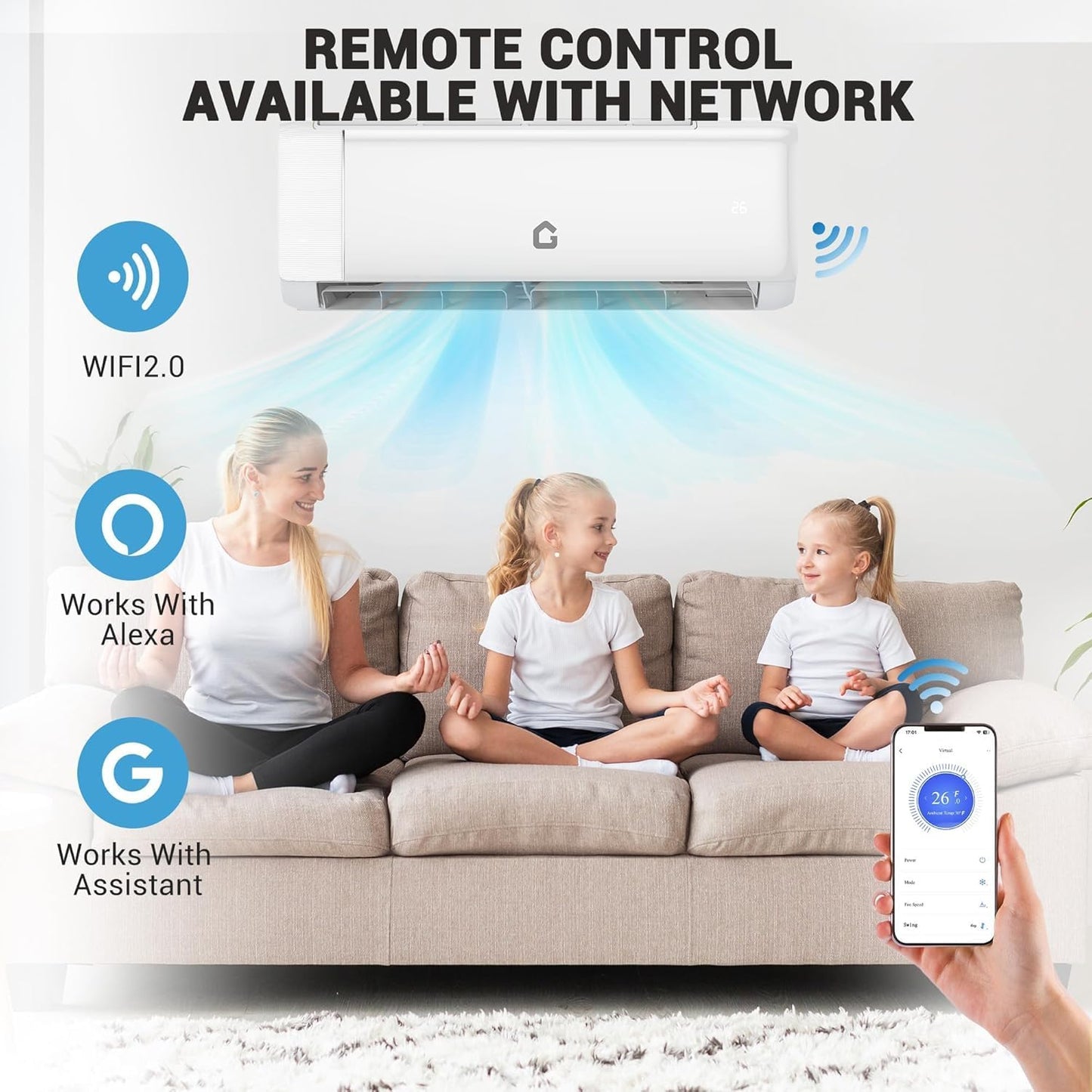 PioneerWorks 9000 BTU Ductless Mini Split Air Conditioner & Heat Pump – 20 SEER2, Inverter, 230V, WiFi & Alexa Enabled – Quiet, Energy Efficient Cooling & Heating, Easy Installation, for Rooms up to