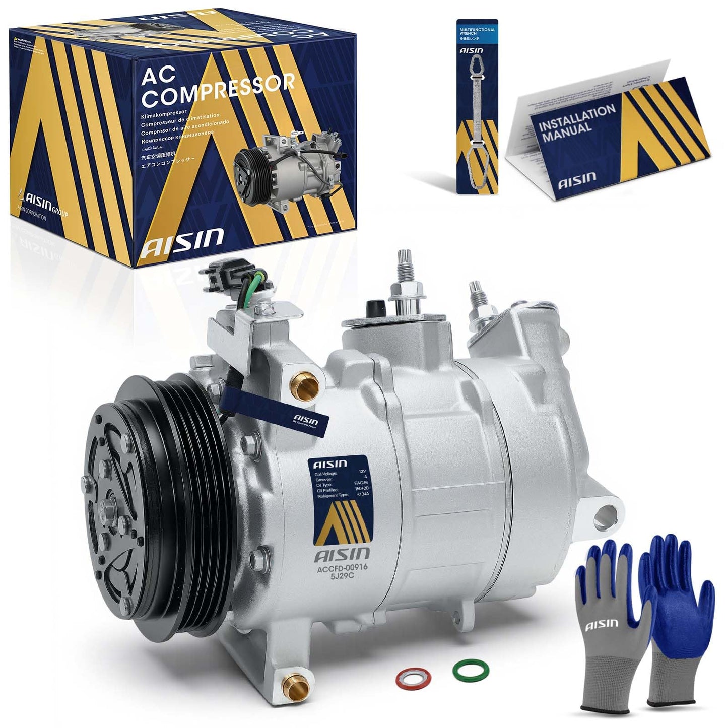 AISIN AFTERMARKET ACCFD-00916 Air Conditioner AC Compressor - Compatible with Ford Mustang EcoBoost Premium 2015-2023 2.3L - with 4-Pulley Groove, with Clutch