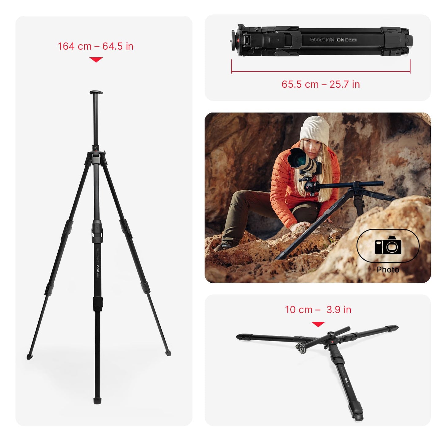 Manfrotto ONE Photo, Aluminum Tripod, 26.4 lbs Load, 90° Horizontal Column, XTEND Legs Fast Setup, Sliding Center Column, Modular Feet, Professional Photo Tripod for DSLR & Mirrorless Cameras