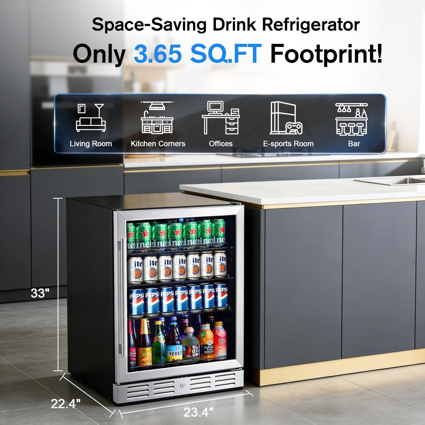Kalamera 24 Inch Beverage Refrigerator, 164 Cans Under Counter Beverage Cooler for Beer Wine, Built-in/Freestanding Drink Fridge with Glass Door & Adjustable Shelves for Home Kitchen Office Bar