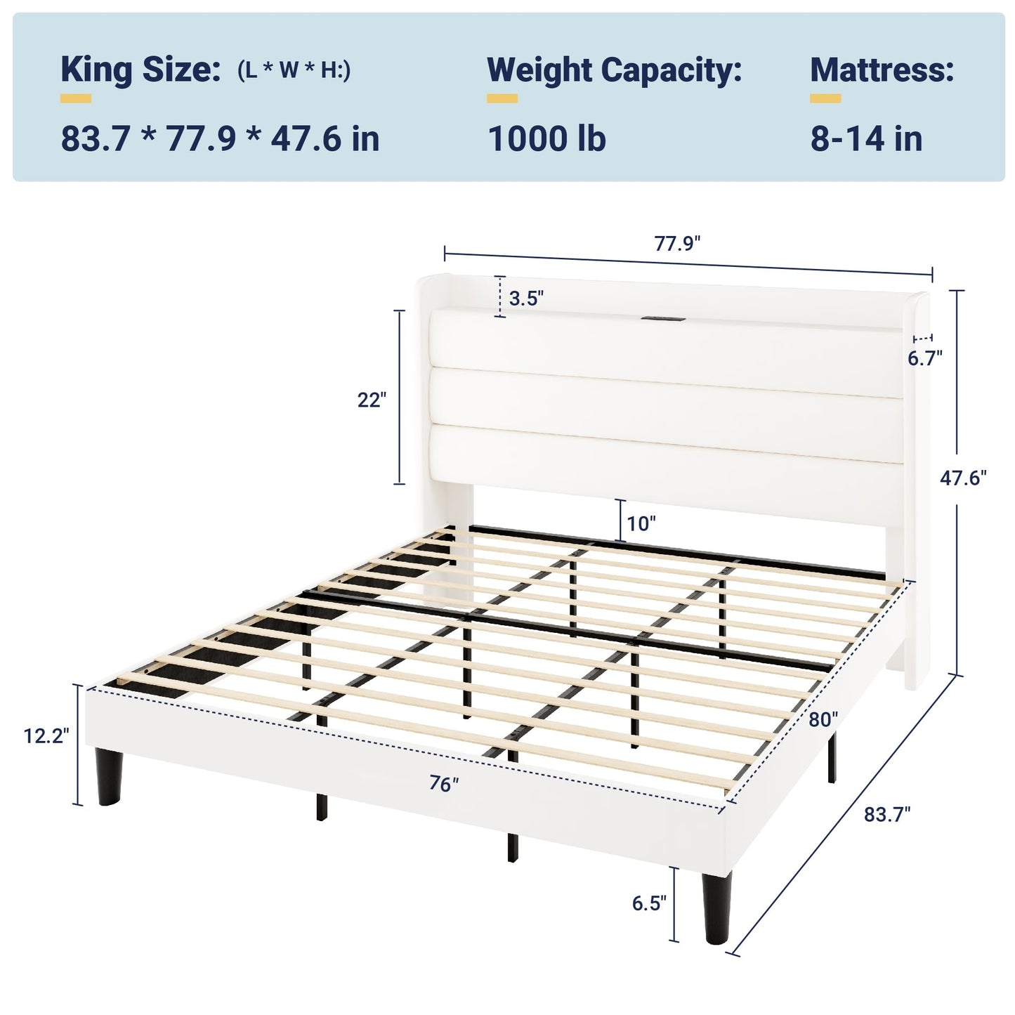 Allewie King Size Upholstered Bed Frame with Charging Station & Storage Headboard, Soft Velvet Wingback Platform Bed, Strong Wooden Slats Support, No Box Spring Needed, Easy Assembly, White