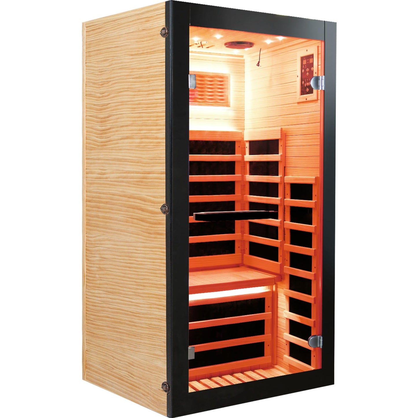 YJSPSSW Single-Person Sauna Cabin – Compact Infrared Sauna with 8 Heating Plates, Starry Sky Lighting & Colorful Light Strips – Chilean Pine Wood Design (780x780x1580mm)
