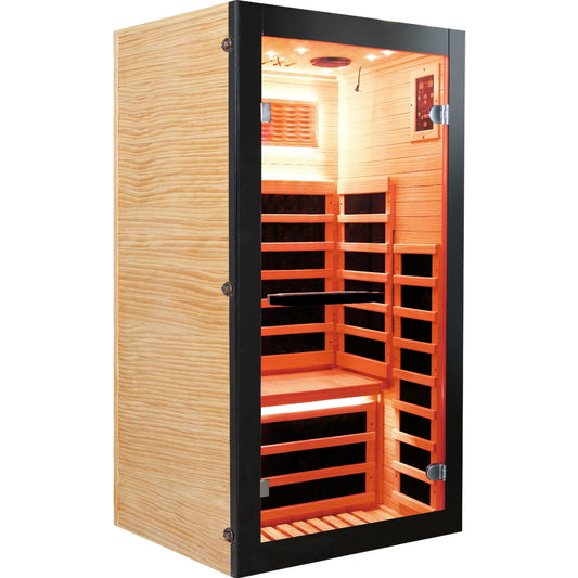 YJSPSSW Single-Person Sauna Cabin – Compact Infrared Sauna with 8 Heating Plates, Starry Sky Lighting & Colorful Light Strips – Chilean Pine Wood Design (780x780x1580mm)