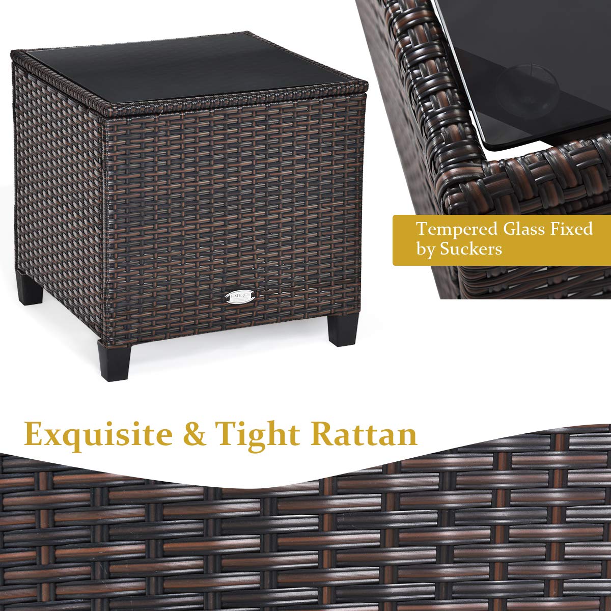 COSTWAY 3PCS Patio Furniture Set, PE Rattan Wicker Sofa w/Washable Cushion and Coffee Table, Tempered Glass Tabletop, Outdoor Conversation Set for Balcony, Porch, Yard, Backyard, Lawn, Beige