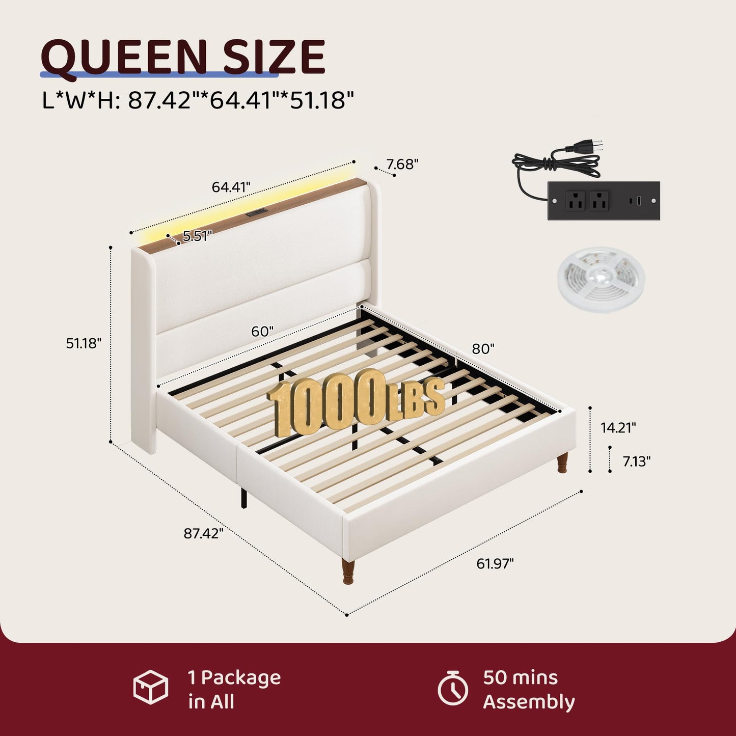 BRELTAM Queen Size Bed Frame with 51.2" Tall Headboard Wingback Linen Upholstered Platform Bed Frame with LED Lights and Charging Station, Storage Shelf, No Box Spring Needed, Noise-Free, Beige