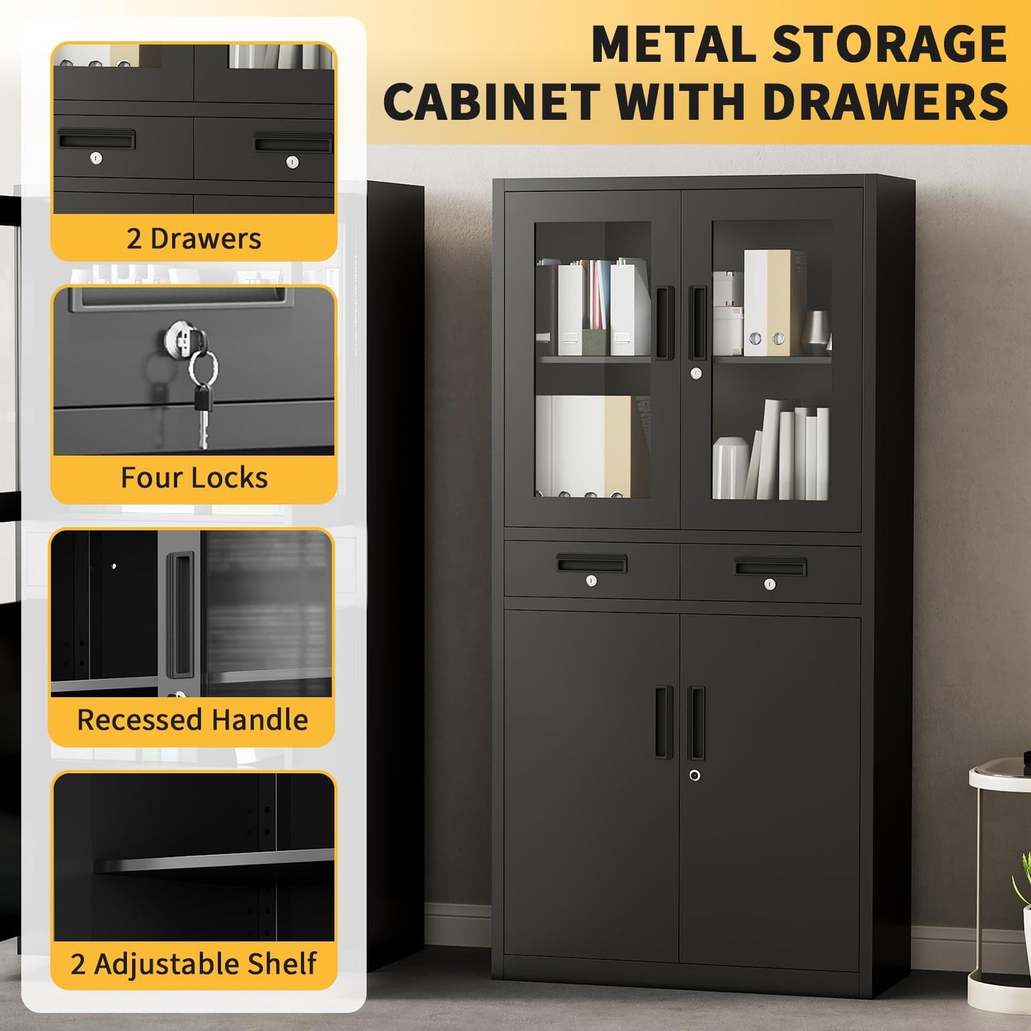 EliteEdge Metal Garage Storage Cabinet 72" with Locking Doors & 2 Drawers, Heavy Duty Mobile Tool Organizer with 3 Adjustable Shelves, File Cabinet for Home, Office, Workshop, Rolling Locker