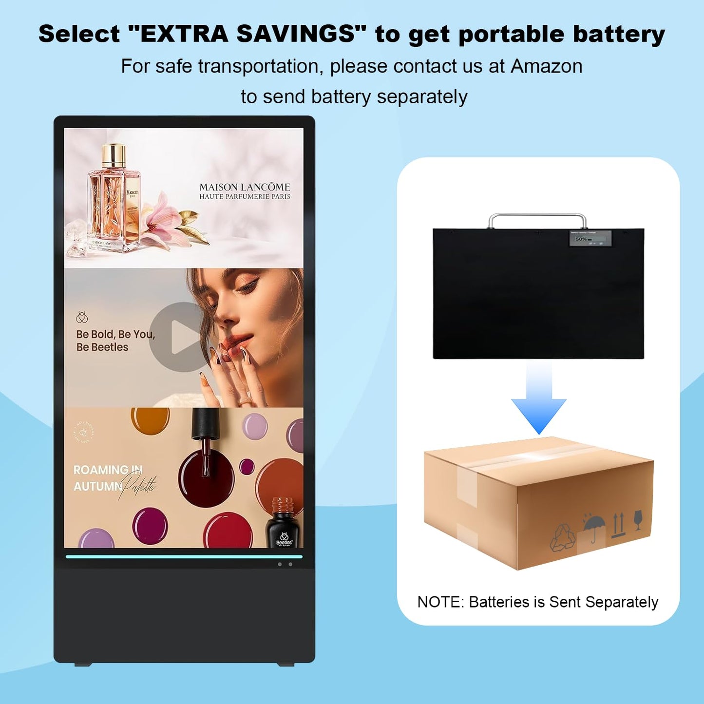 SIOXCFZ 43 inch Outdoor Mobile Digital Signage Display, LCD IP65 Waterproof Advertising Display Kiosk with Rechargeable Battery, Brightness Auto-Adjustment and Impact Resistant Screen