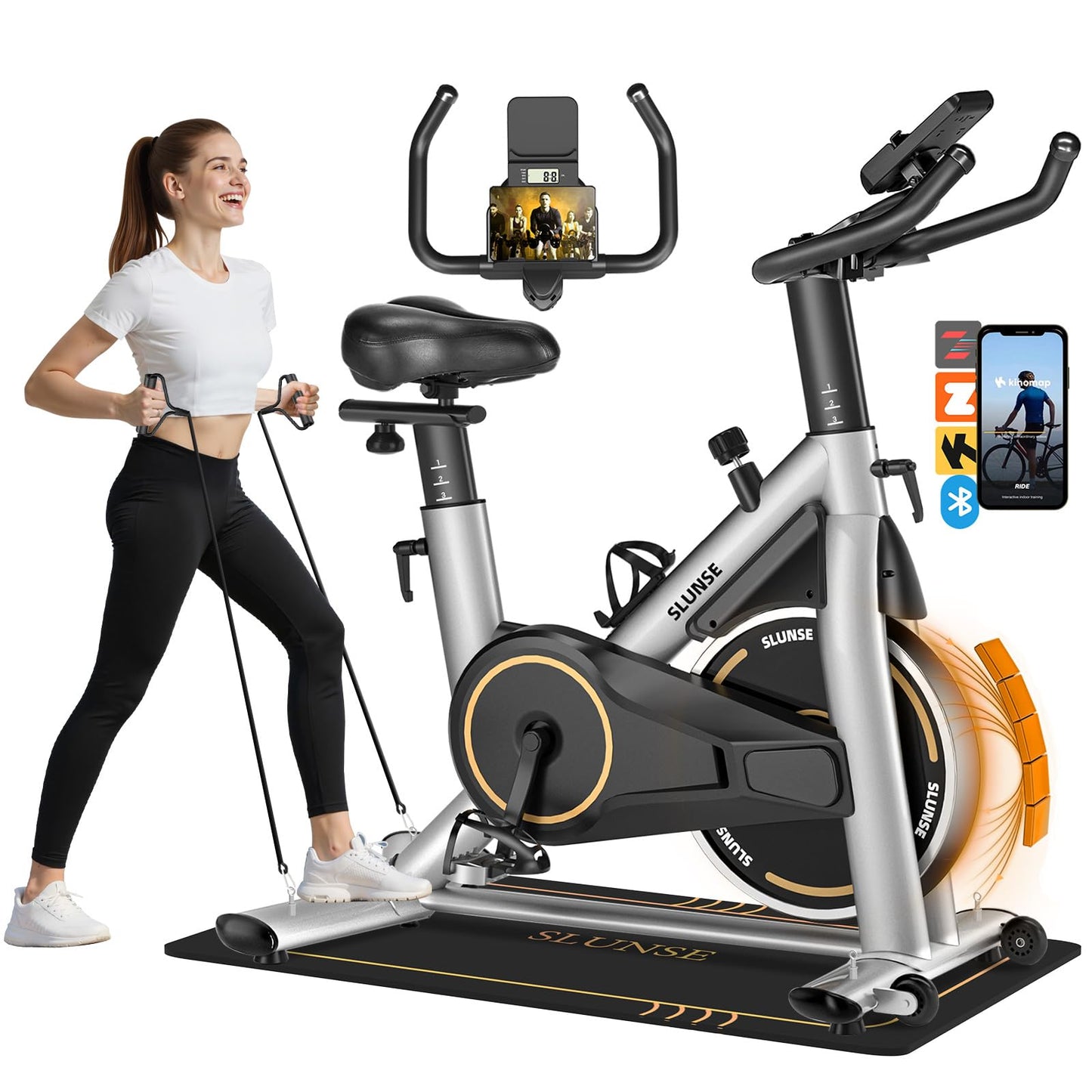 Exercise Bike, Magnetic Resistance Stationary Bikes for Home with App Compatible, Silent Indoor Cycling Bike with 350lbs Weight Capacity Comfortable Seat, Digital Monitor & Phone Mount, Grey Orange
