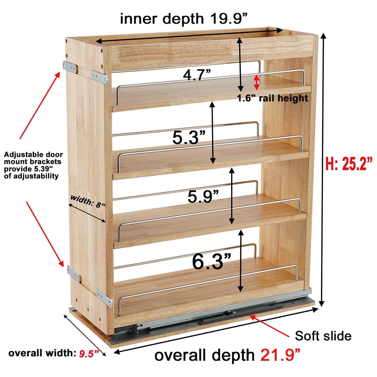 DINDON Pull Out Spice Rack Cabinet Organizer, (8" W x 21.9" D x 25.2" H) Multi-Use Soild Wood Pull Out Cabinet Organizer Slide Out Shelf Sliding Base Cabinet Storage Organization