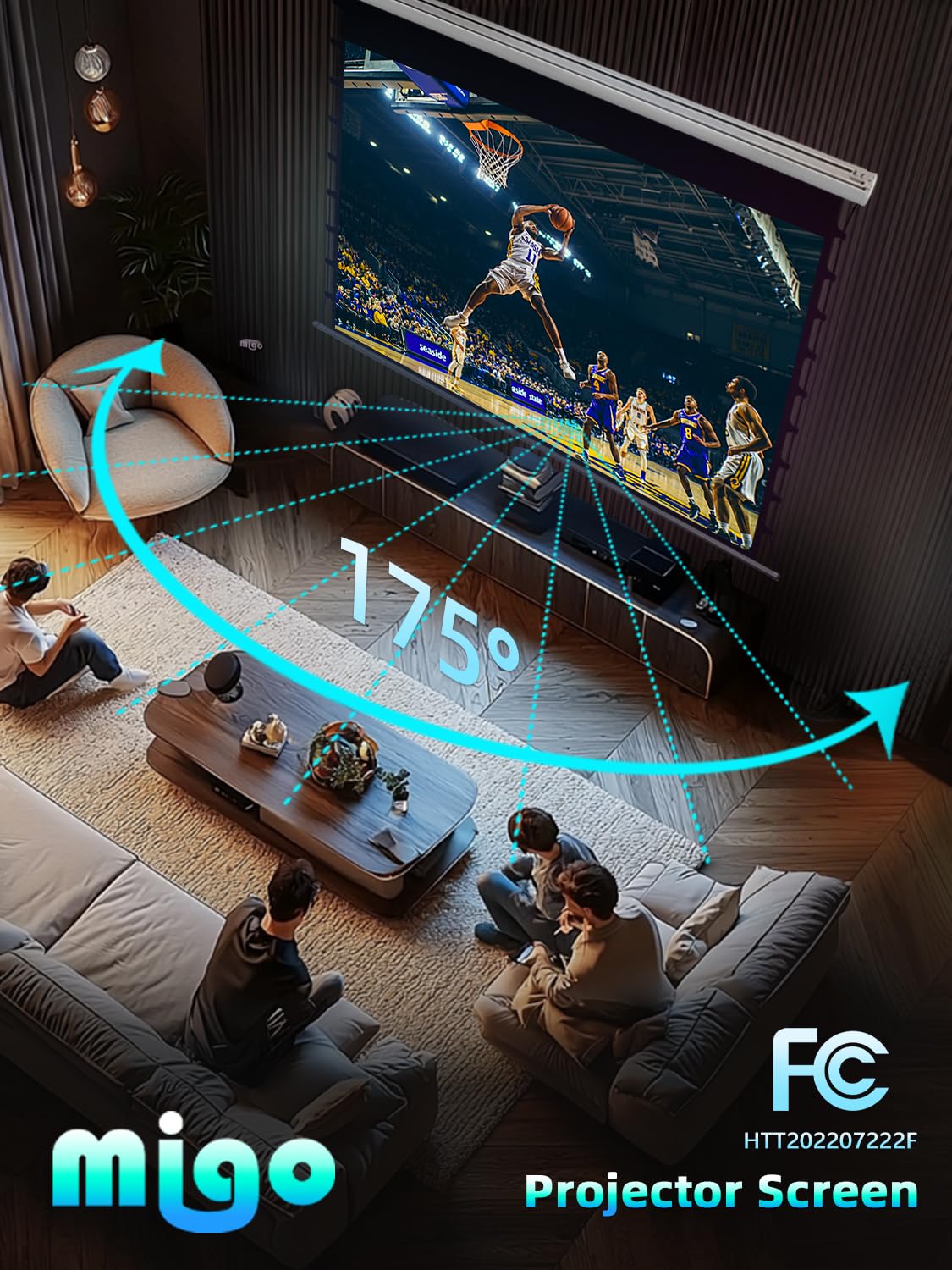 MIGO 150 Inch Pull Down Electric Projector Screen, Grey Crystal 2.0 Gain Partial Ambient Light 4K Tab-Tension Projector Screen Wall & Ceiling Mount for Short Throw Projector Movie Home Theater Cinema