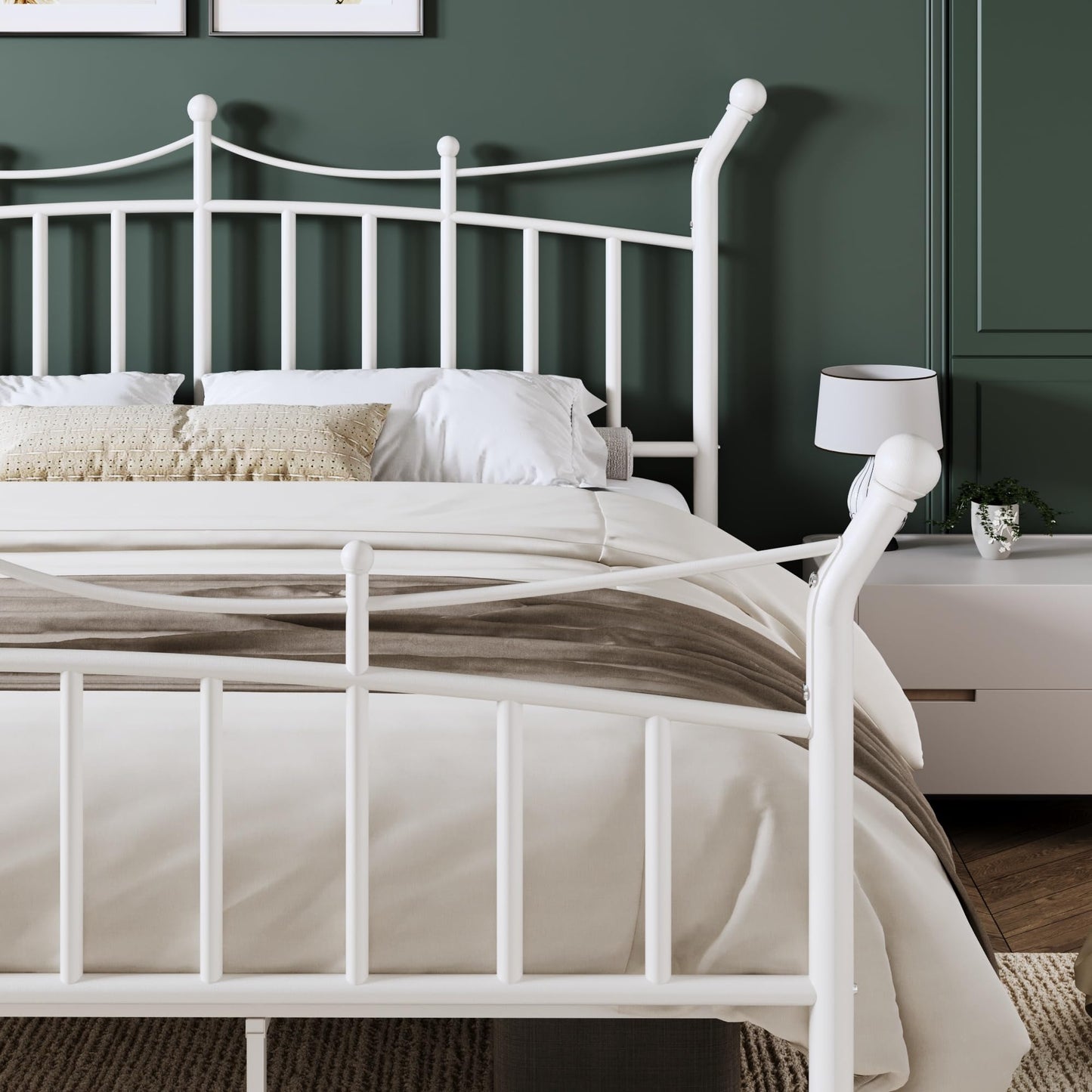 Allewie 14 Inches King Size Metal Platform Bed Frame with Elegant Crown Iron-Art Headboard & Footboard, Sturdy Mattress Foundation with Under-Bed Storage, Easy Assembly, No Box Spring Needed, White