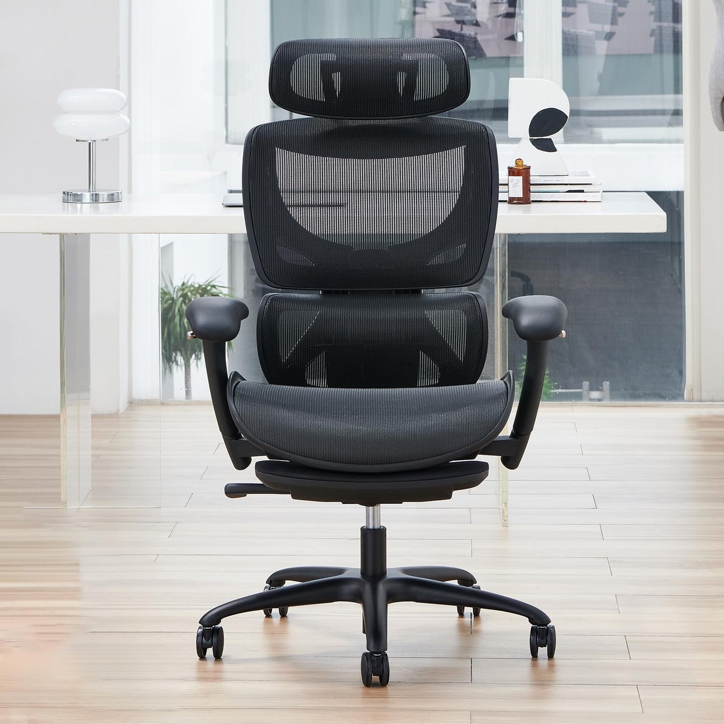COLAMY Ergonomic Mesh Office Chair with Footrest, Executive High Back Computer Desk Chair with Wide Headrest and Adjustable 3D Arms, Fixed Tilt Lock and Lumbar Support (Black)