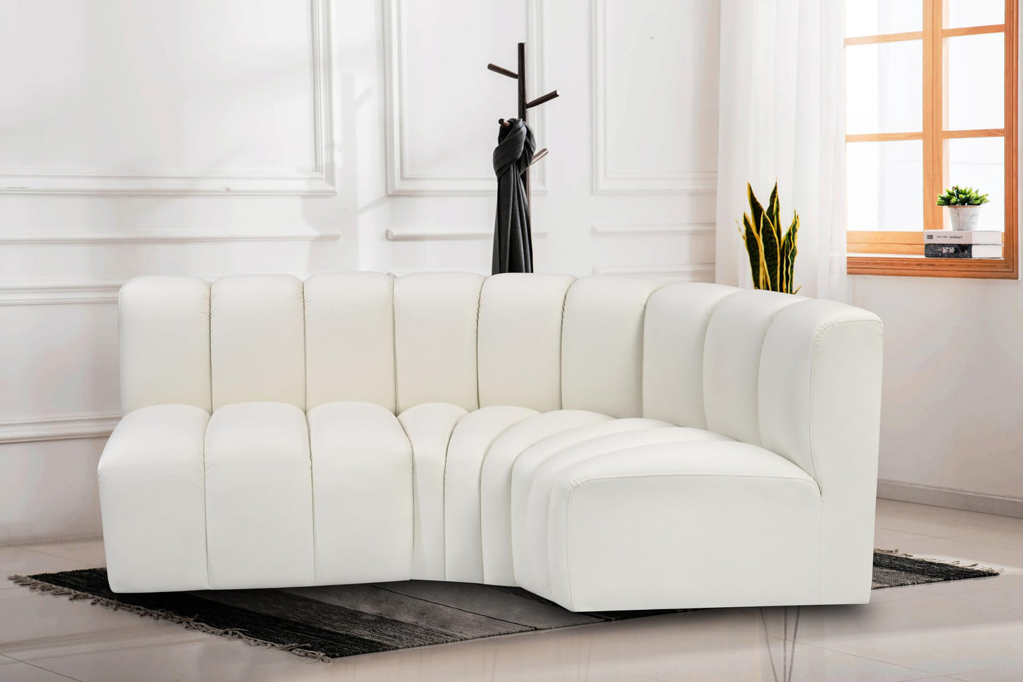 Meridian Furniture 101Cream-S3A Arc Collection Modern | Contemporary Modular Sofa with Soft Cream Vegan Leather, Deep Channel Tufting, Modular Design, 84" W x 39" D x 30" H, Cream