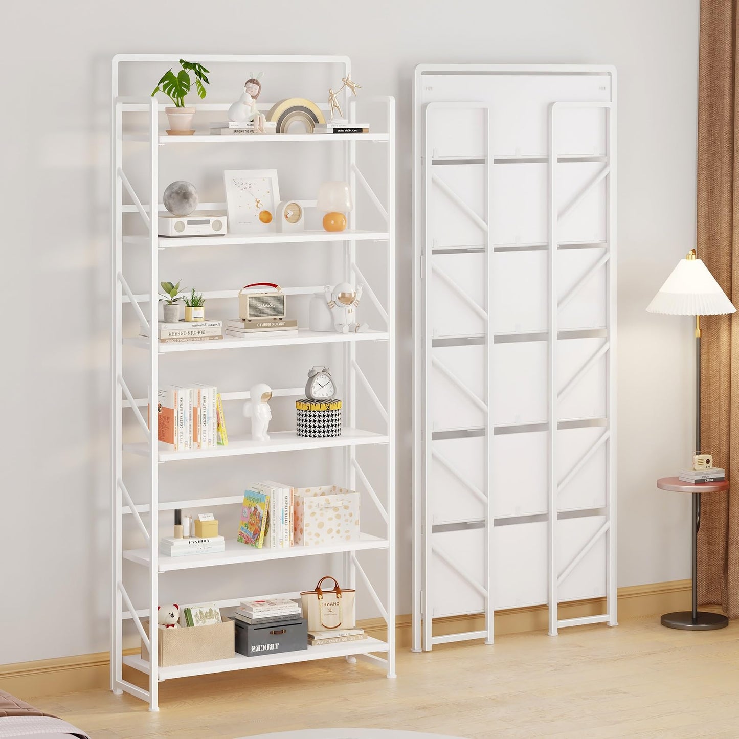 JSB 6 Tier No Assembly Folding Bookshelf, 30.3" Wide Foldable Storage Bookcase for Home Office, Space-Saving Storage Shelf for Living Room (All White)