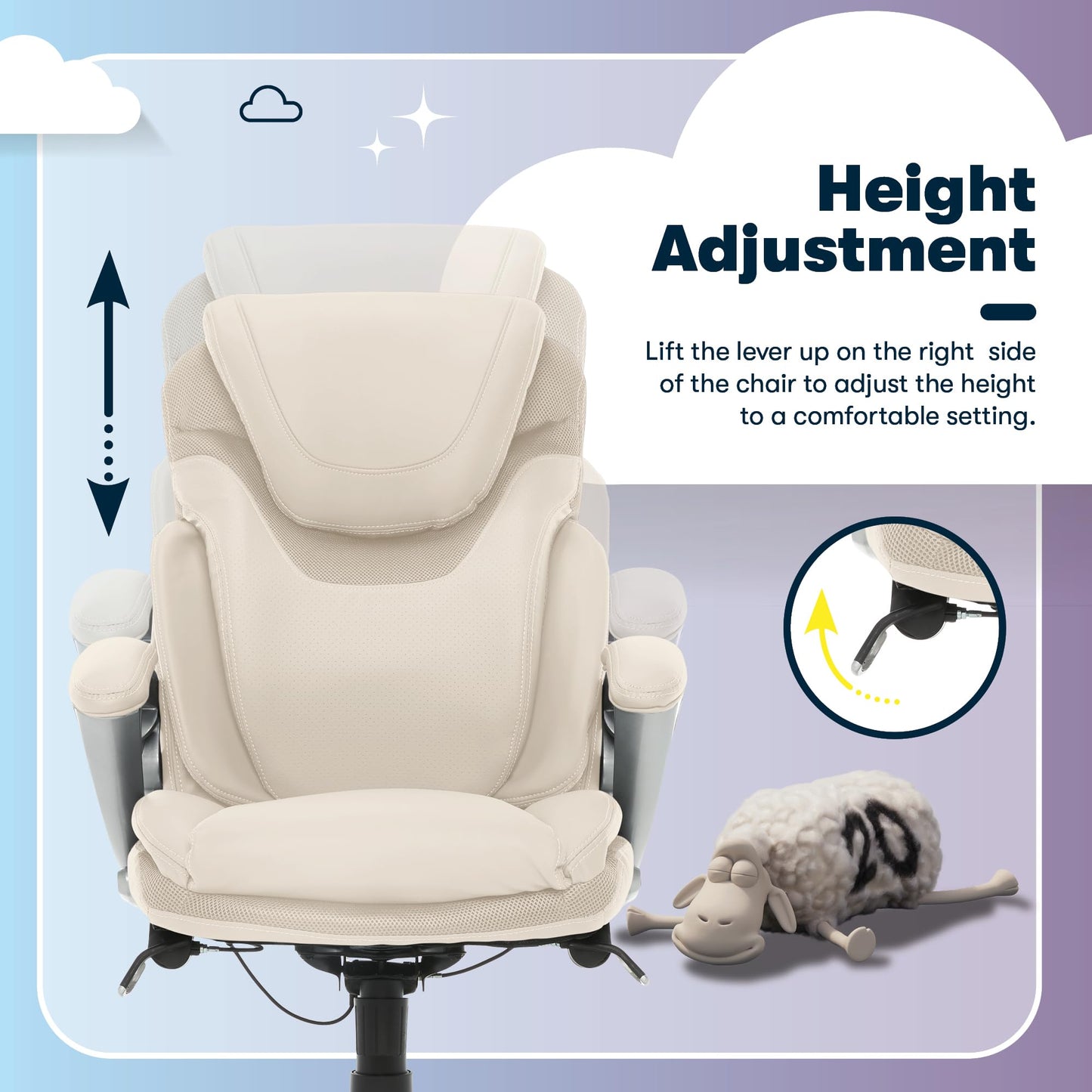 Serta Bryce Executive Office Chair - Ergonomic Computer DeskChair with Lumbar Technology - Adjustable Height - Memory Foam Body Pillows - 360° Swivel Rolling Base - Bonded Leather - Cream