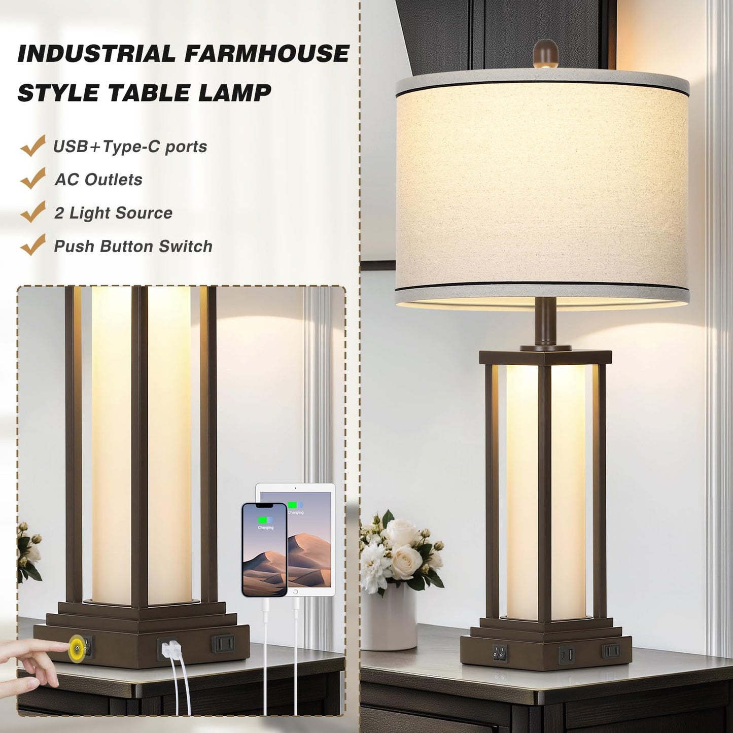 Cinkeda Vintage Table Lamps Set of 2, 27in Tall, Oil-Rubbed Bronze, USB & Outlet, Frosted Glass Night Light for Living Room and Bedroom