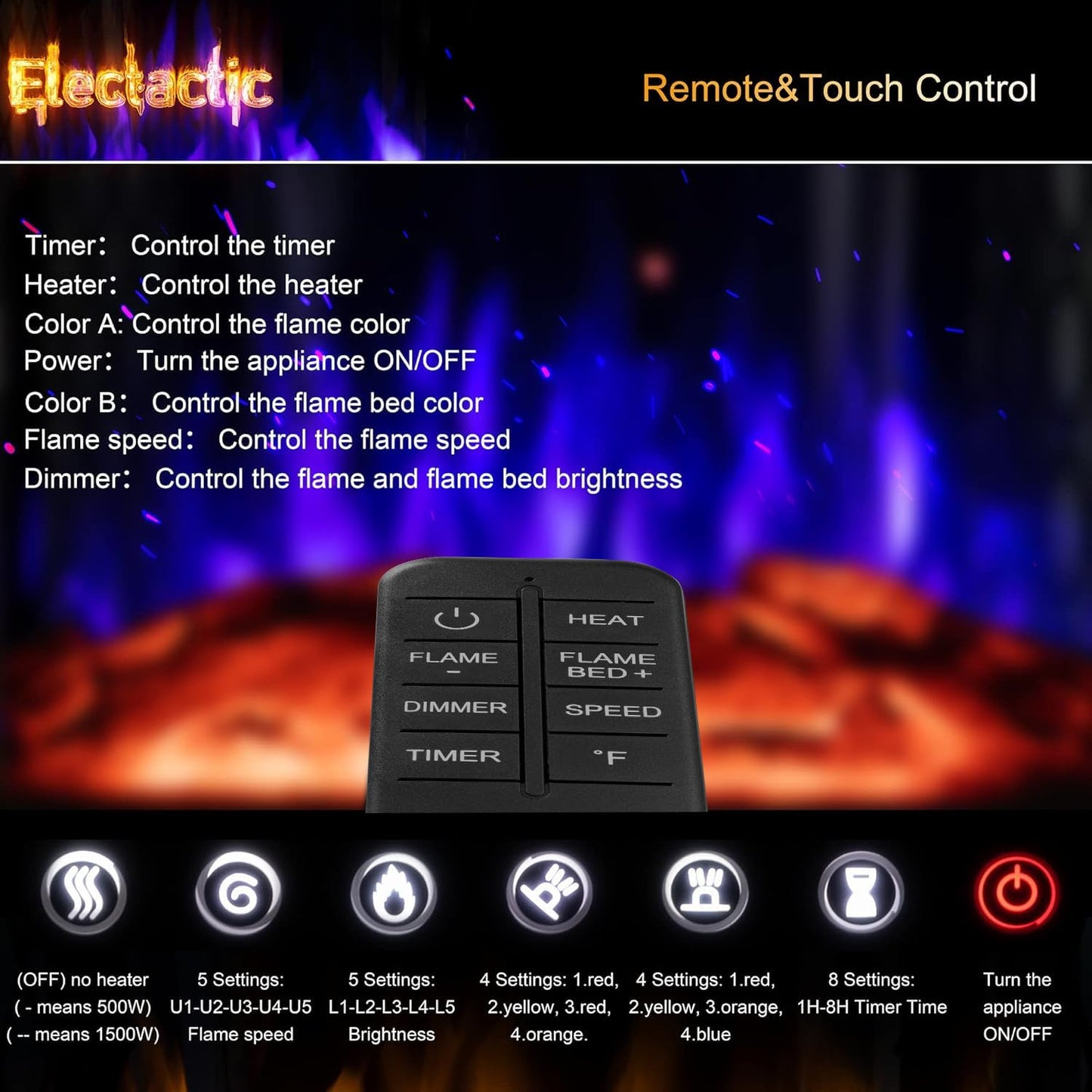 Electactic 24Inch Electric Fireplace Stove, Free-Standing Infrared Fireplace Stove, Controllable 3D Flame, 4 Variable Flame&Log Colors, 1500w, 5100BTU,TC(50℉-99℉),Black,23.5" L X 10.7" W X 24.3" H