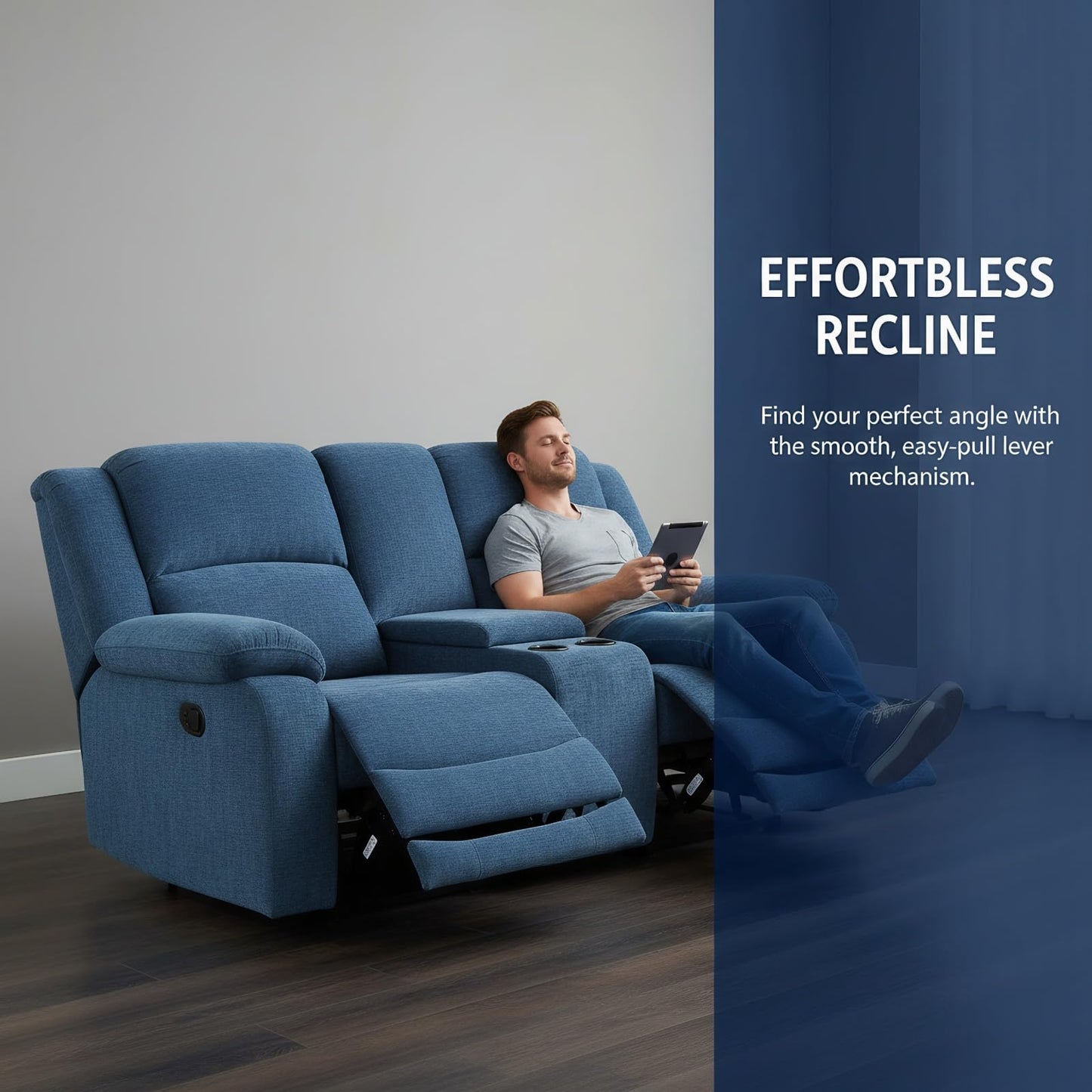 Trygoal Manual Recliner Sofa Set, Fluffy Fabric Reclining Living Room Furniture Set, Adjustable Backrest Reclining Loveseat Sofa and a 3 Seater Couch Furniture Set for Living Room, Light Blue