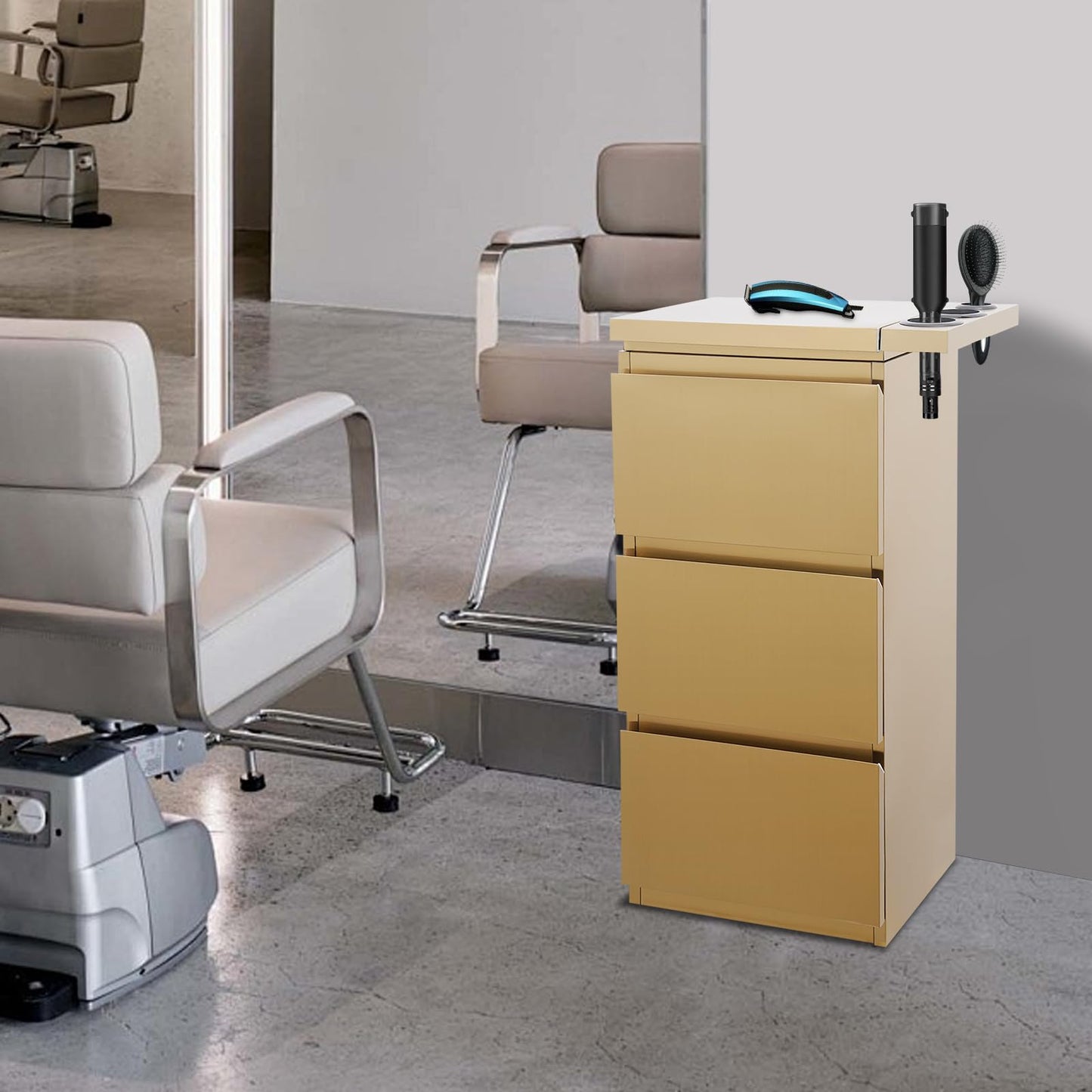 Salon Station for Hair Stylist, 3-Drawer Stainless Steel Salon Storage Cabinet Barber Organizer with 3 Hair Dryer Holders, Smooth & Silent Sliding (Gold)