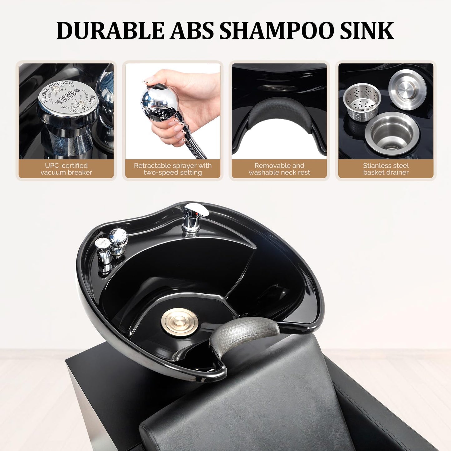 OmySalon Shampoo Chairs for Salon, Stainless Steel Frame & UPC Certified Shampoo Bowl, Hair Washing Station, Backwash Unit for Beauty Spa Barbershop, Black Gold