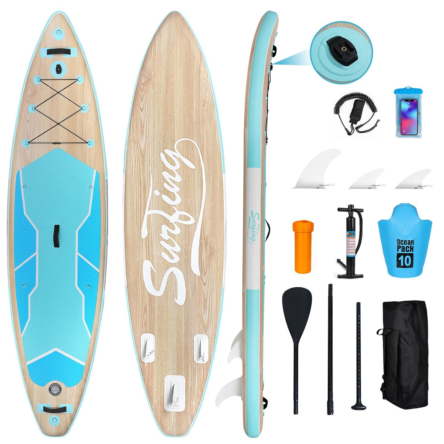 YUSING Inflatable Paddle Board, 11' x 33'' x 6" Extra Large SUP, Paddle Boards for Adults, Non-Slip Deck SUP Paddle Board SUP Accessories,3 Removable Fins (Green Wood)