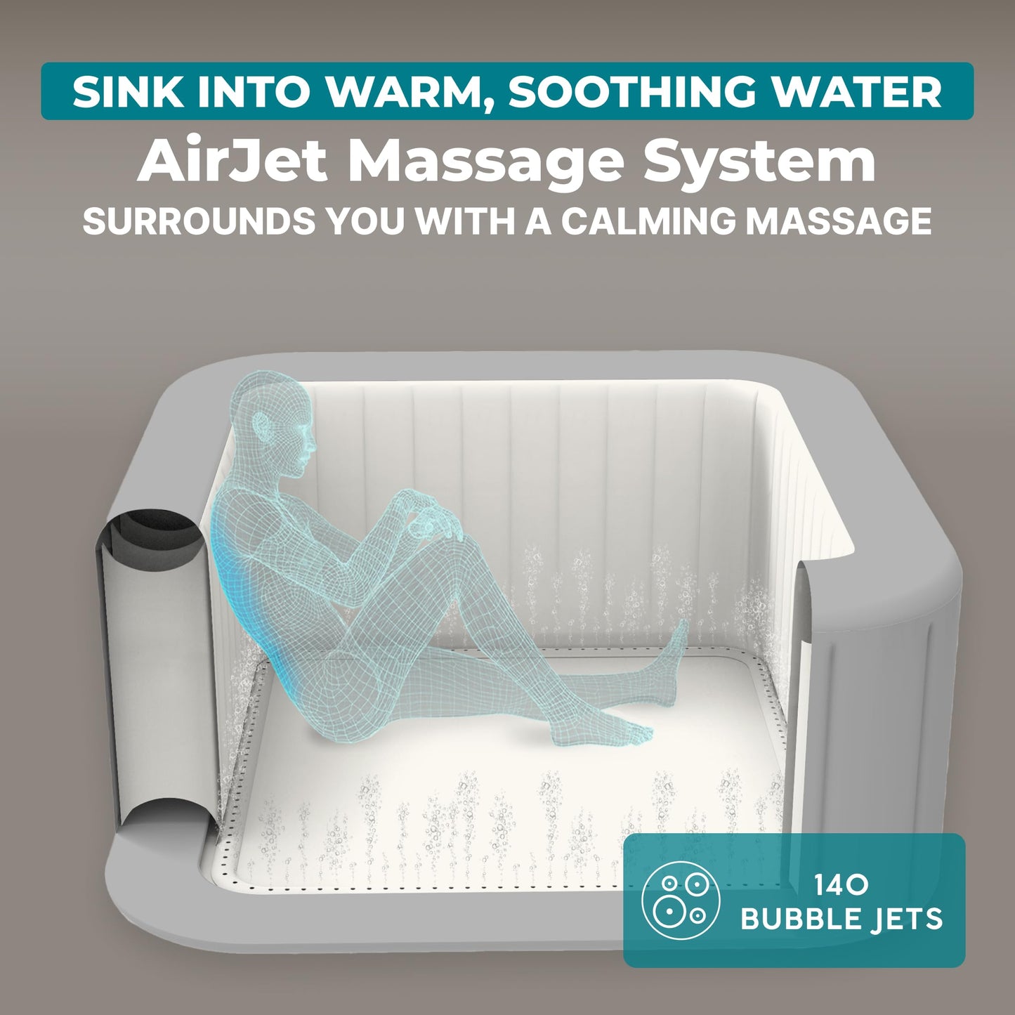 Bestway SaluSpa Hot Springs Inflatable Hot Tub, 4-6 Adults, 140 AirJets, EnergySense Walls & Cover, Smart WiFi App & Spa Control Panel, MaxHold Construction, Stone Grey Knit, 71" x 71" x 28" Square