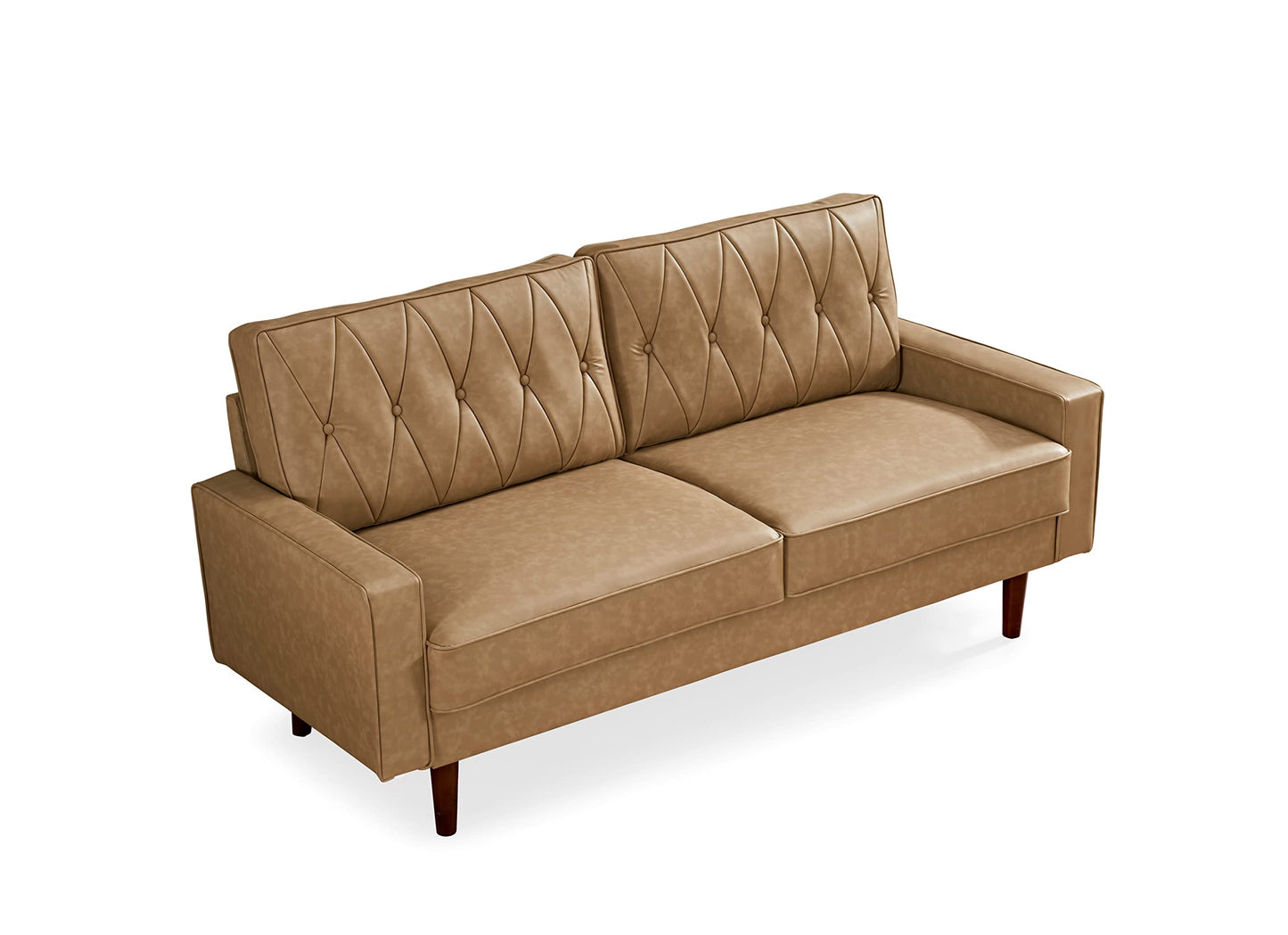 Container Furniture Modern Style Faux Leather Sofa with Elegant Round Tapered Legs and Button Tufted Backrest Perfect for Living Room, Bedroom or Home Office, 69.3’’ Wide, Camel