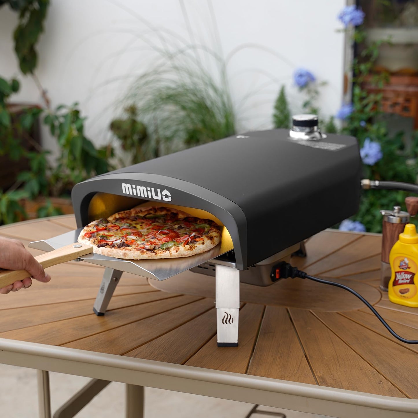 Mimiuo Outdoor Gas Pizza Oven with Automatic Rotating Stone - 39 lbs Heavy Duty Propane Pizza Stove 14 Inch for Backyard Camping, Bakes Pizza in 60 Seconds, Includes Pizza Stone, Peel & Cover