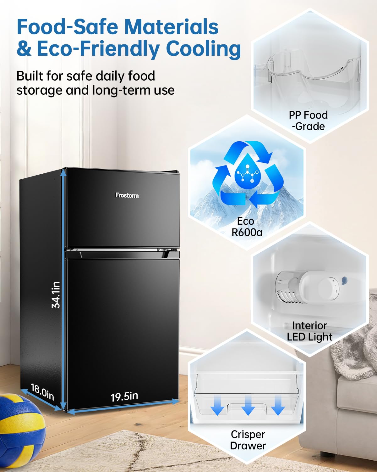 Frostorm 3.2 Cu Ft Mini Fridge with Freezer - Energy Efficient, Double Door Upright Freezer for Bedroom, Office & Dorm,restaurants | Small Fridge, Glass Shelves,Interior Light,ETL Certified,etc