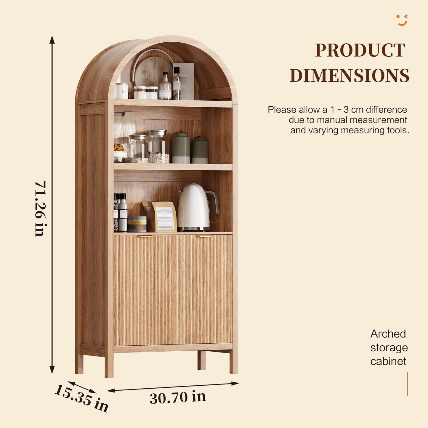 Ieejdn 71" Tall Arched Kitchen Pantry,Modern Fluted Wood Storage Cabinet with Doors,Adjustable Shelves,Organizer, Versatile Cupboard for Kitchen,Living Room,Dining Room,Bathroom,Wood